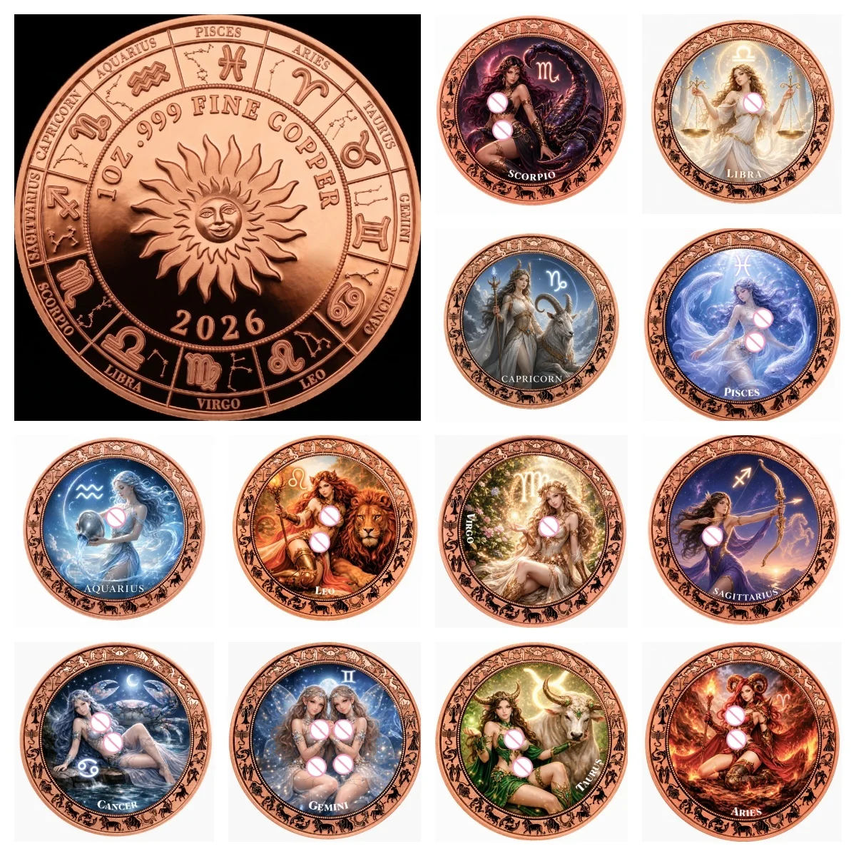 12Constellations Zodiac .999 Copper Challenge Medal 1oz Astrology Goddess Collectible Coin Astrological Hobby Souvenir Gift