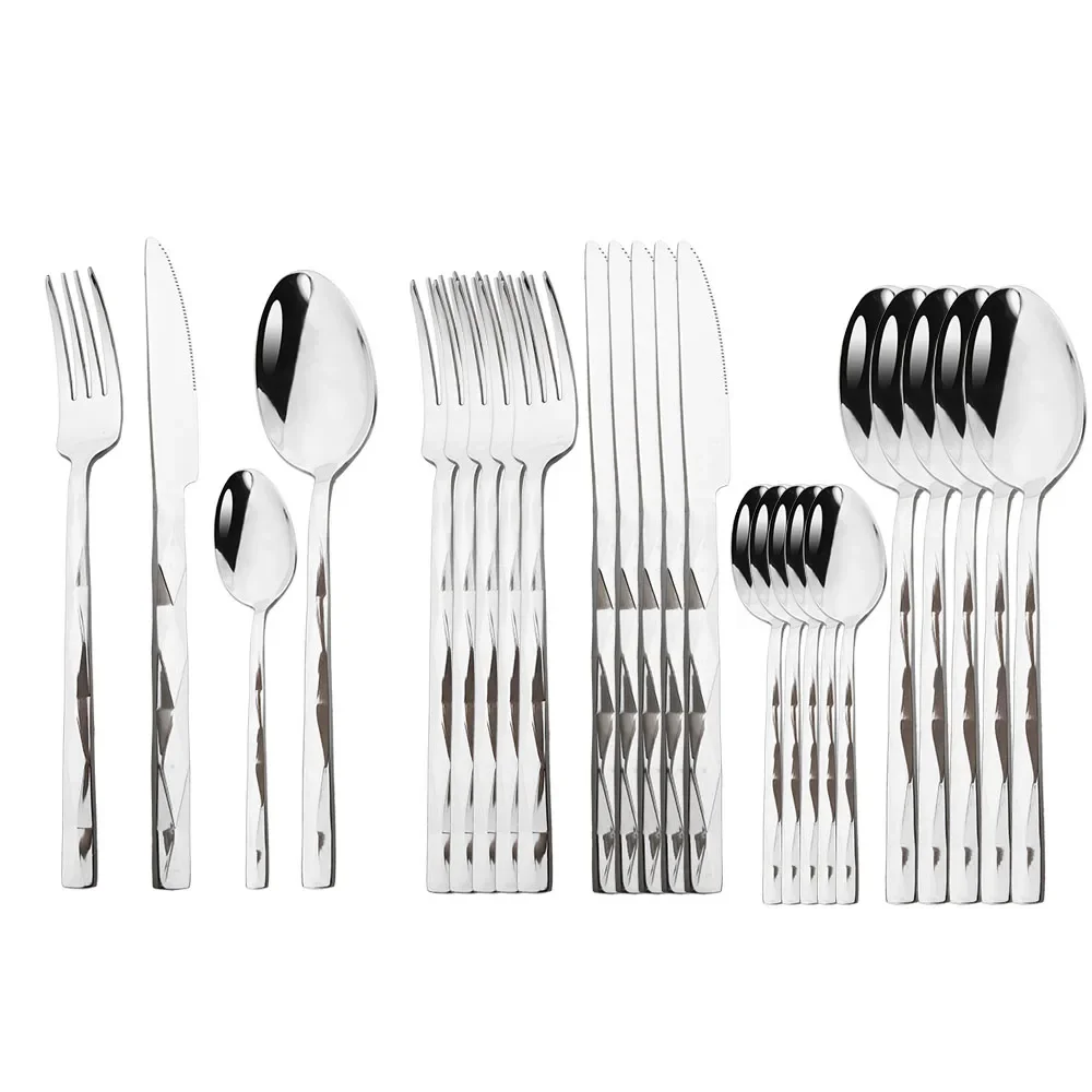 

24 шт., набор столовых приборов из нержавеющей стали, набор столовых приборов, блестящая ромбовидная ручка, нож, вилка, ложка, столовые приборы, кухонные принадлежности