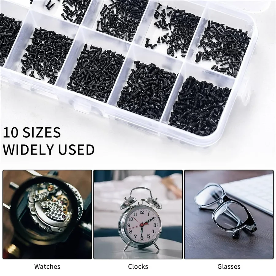 1000pcs Screws M1 M1.2 M1.4 M1.7 Assorted Micro Glasses ScrewsRound Head Self-tapping Electronic Small Wood Screws Kit Set