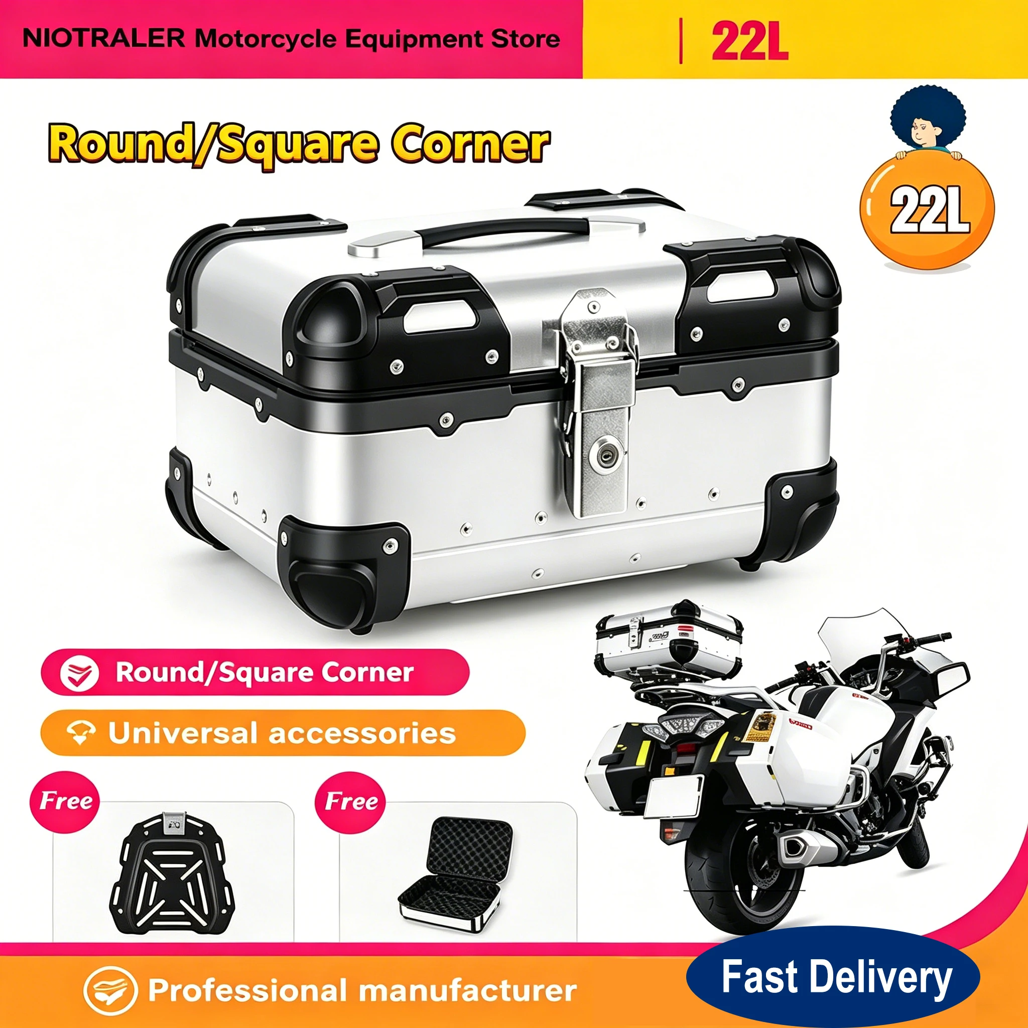 

22L Motorcycle Universal Rear Top Case Moto Luggage Storage Tail Box Waterproof Motorcycle Trunk Key Lock Tool box Aluminum
