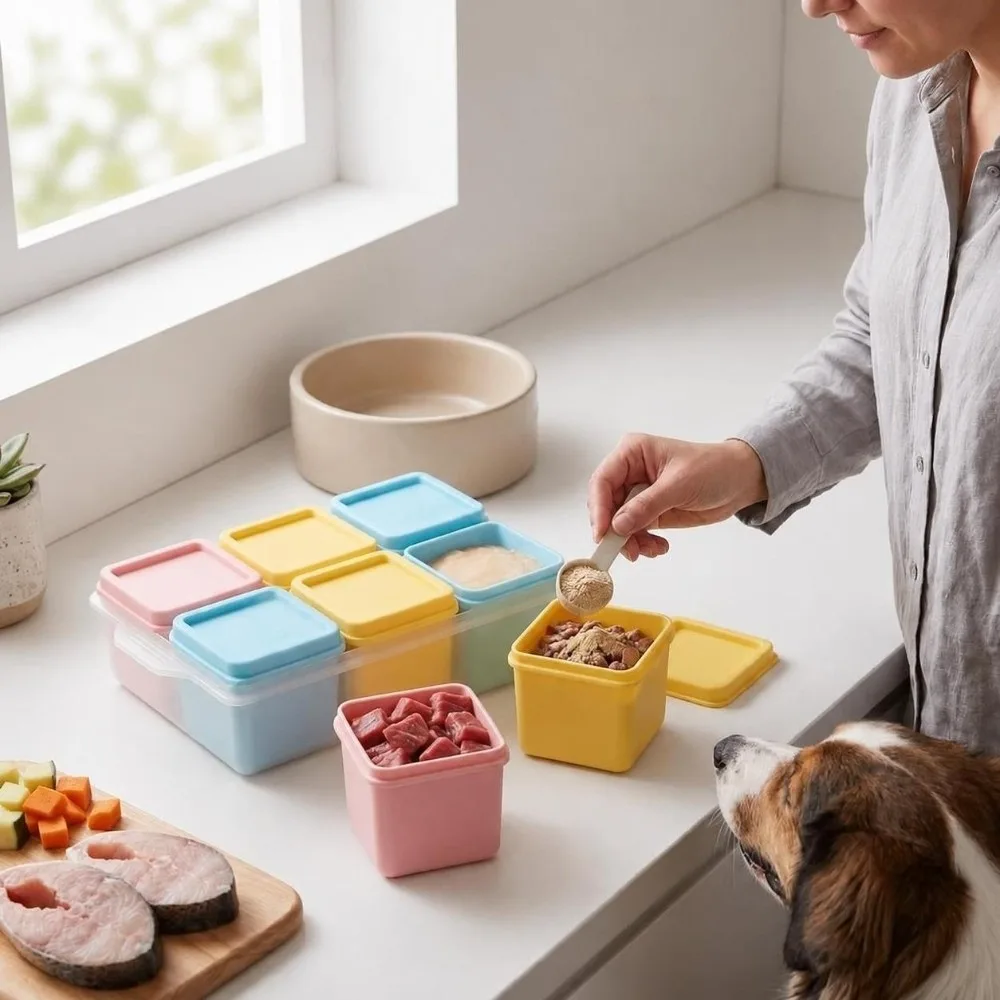 Reusable Silicone Pet Food Tray 6 Grid Easy Release 6 Compartment Container Stackable Lidded Lidded Food Tray Freezer Storage