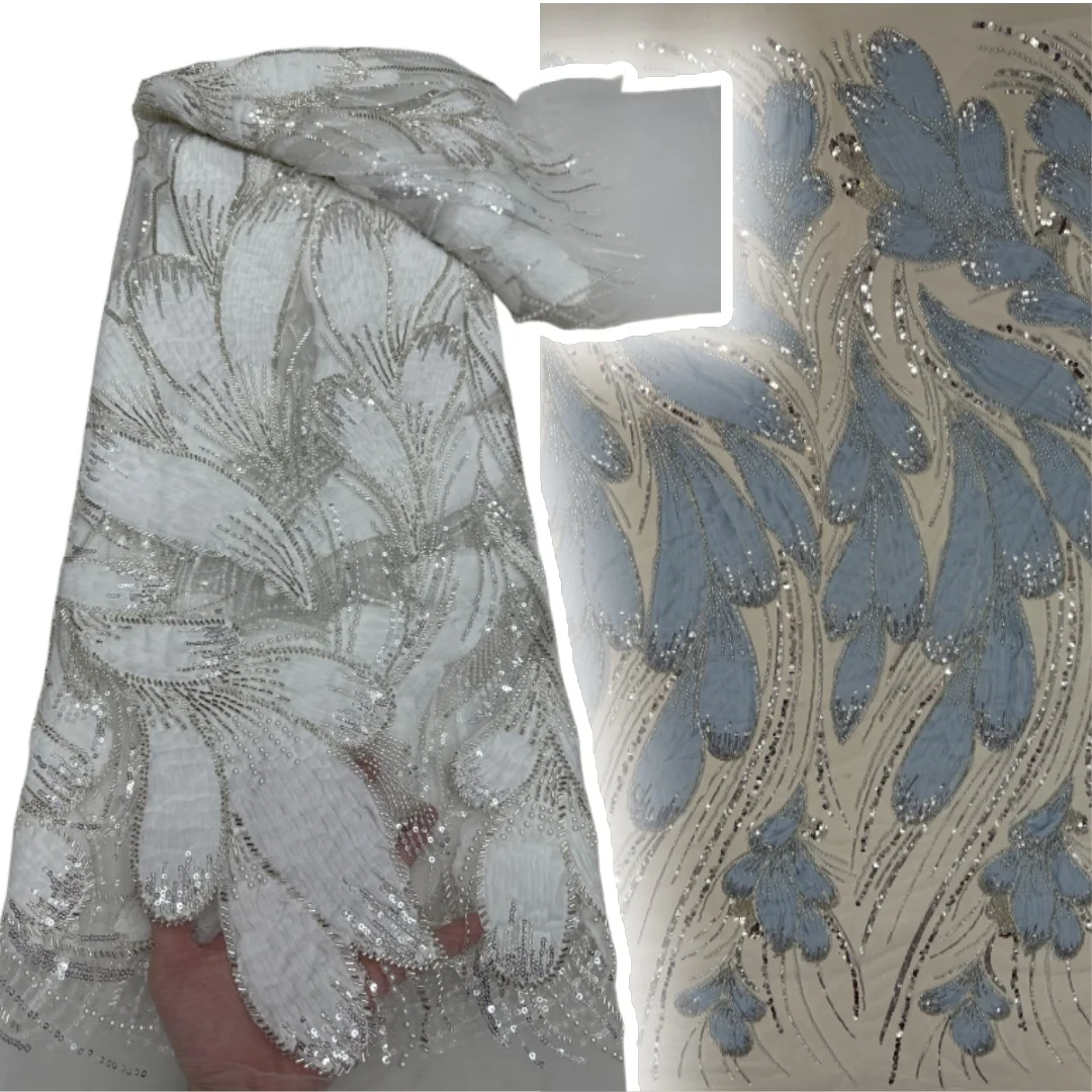 

2025 Высококачественная роскошная африканская кружевная ткань с французской сетчатой вышивкой, роскошное кружево из бисера, 5 ярдов для свадебной вечеринки CC989