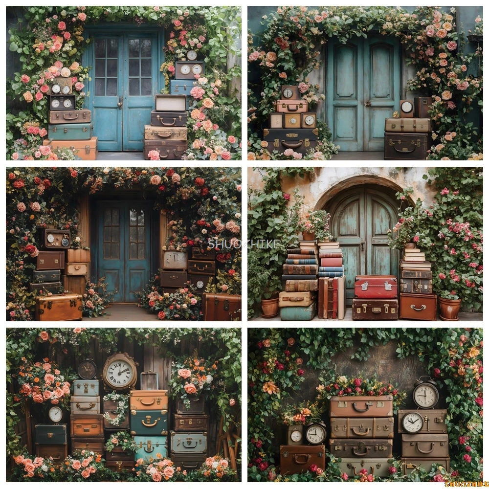 Spring Floral Photography Backdrop Travel Luggage Flower Wall Wood Door Clock Baby Shower Kids Portrait Photo Background Decor