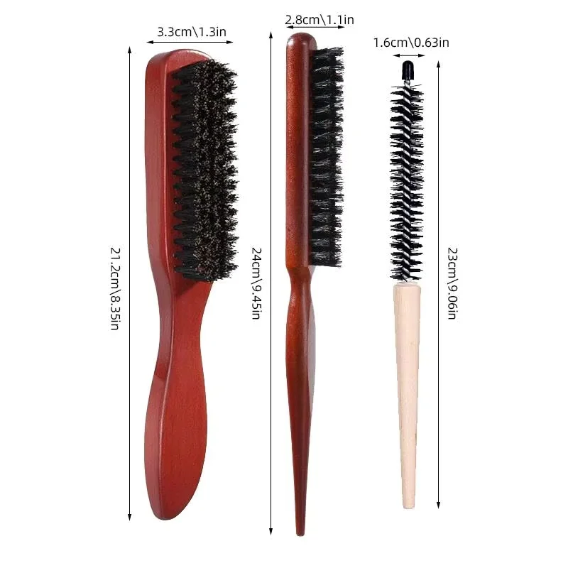 3pcs Profession Bristle Brush Kit Round Brush Fluffy Rat Tail Teasing Comb Beard Shaving Edge Control Brush Hair Styling Tools