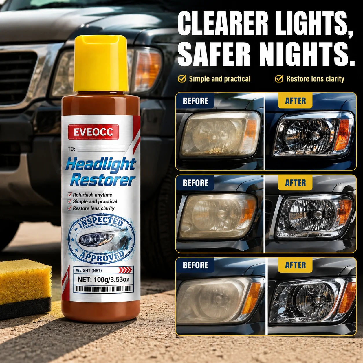 100g Car Headlight Restorer Cream, Simple Practical Head Lamp Polish Agent Restore Lens Clarity for Auto Headlights