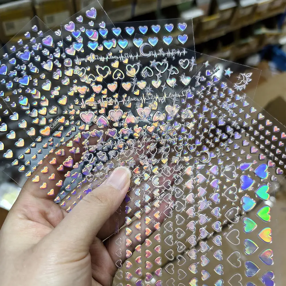 

6Pcs 3D Rainbow Color Love-Heart Nail Stickers Hollow Love Self-Adhesive Nails Decals for Wedding Sweet Heart Manicure Sliders