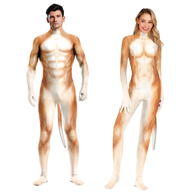 Zawaland Couple Costume Bodysuit Printed Cosplay Full Cover With Tail Catsuit Jumpsuits Carnival Party Zentai Lovers' Clothes