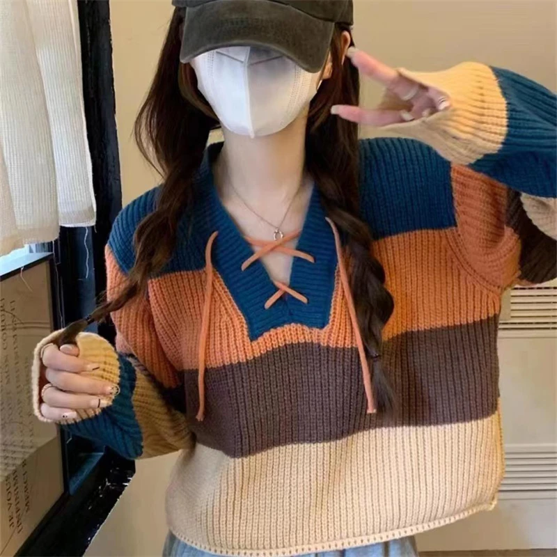 Biyaby Preppy نمط سترة برقبة على شكل v للنساء الدانتيل متابعة كم طويل بلوفر مغزول فضفاض صالح ملابس الخريف 2025 السيدات الموضة #2