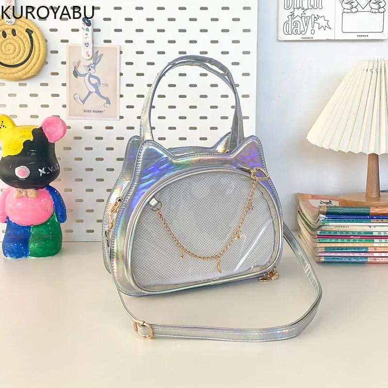 Fashion Cute Cat Y2k Bag Japan Kawaii PU Crossbody Bag Girls Transparent Harajuku Shoulder Bag Silver Fashion Bolsos De Mujer