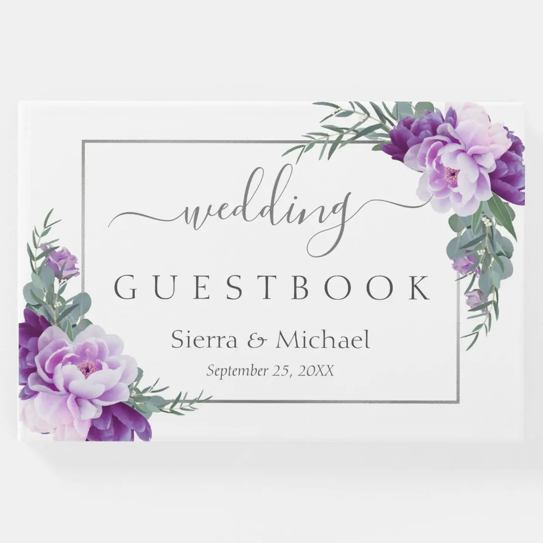 

Elegant Purple Floral Geometric Wedding Guest Book, Signature Book, Custom Signing Book for Weddings, Party Decoration, Gifts