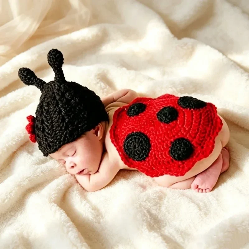 Red Black Ladybug Hand Knitted Outfit Set Cartoon Newborn Attire Infant Posing Costume For Baby Portrait Studio Shooting Supply