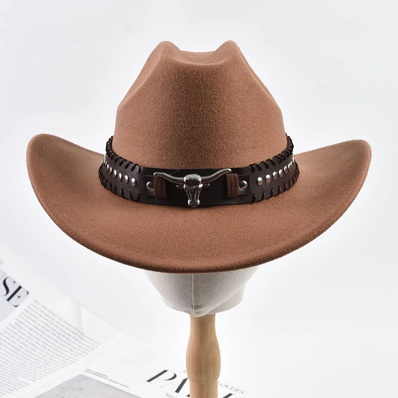 Retro Bull Ox Kopf Niet Leder Band Western Cowboy Hut Unisex Roll Up Krempe Cowgirl Jazz Hut Kirche Sombrero Hombre Caps – Detail 10