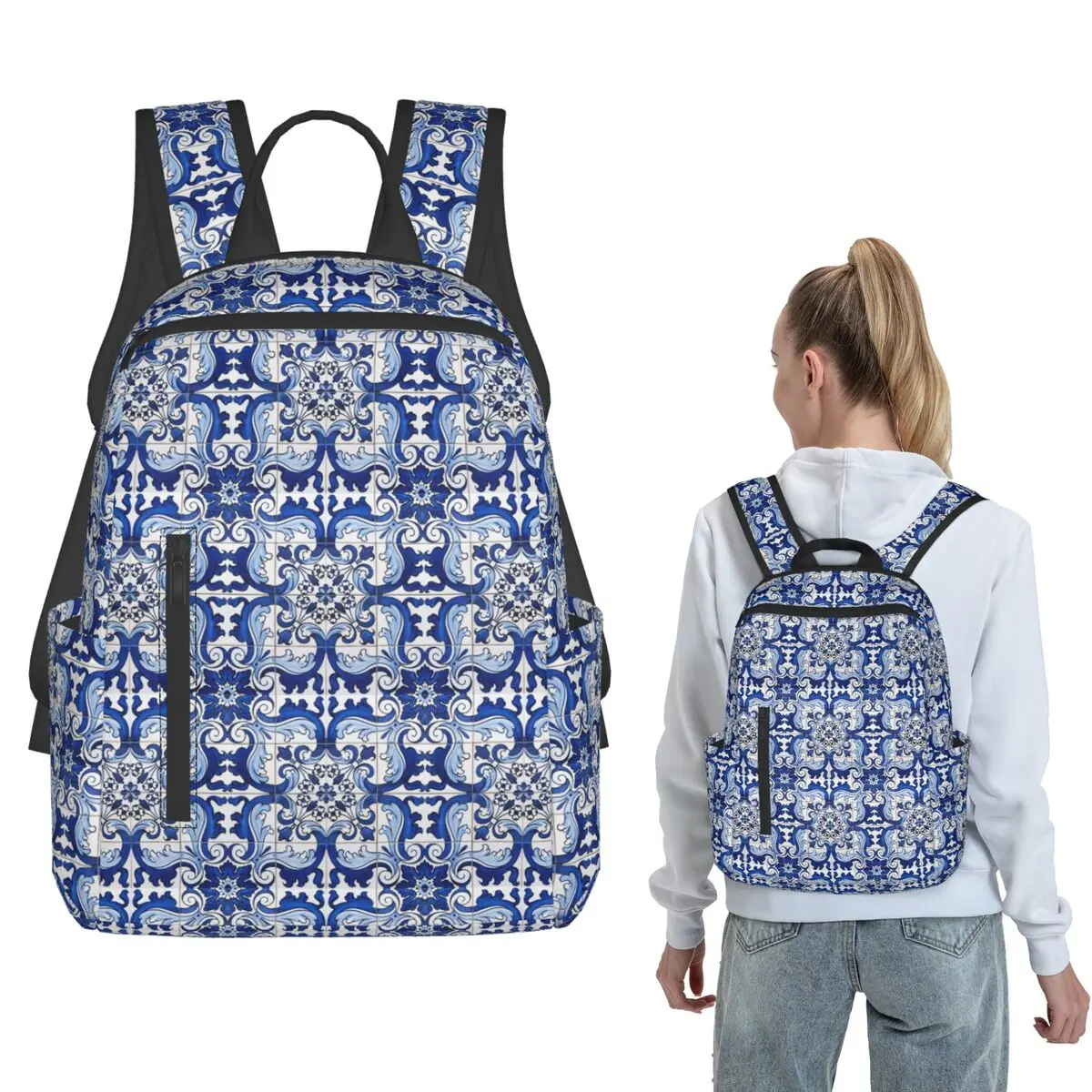 Antique Classic Lisbon Blue Azulejo Tile Floral Pattern Backpack Daypack Boys Girls BookBag School Bag Shoulder