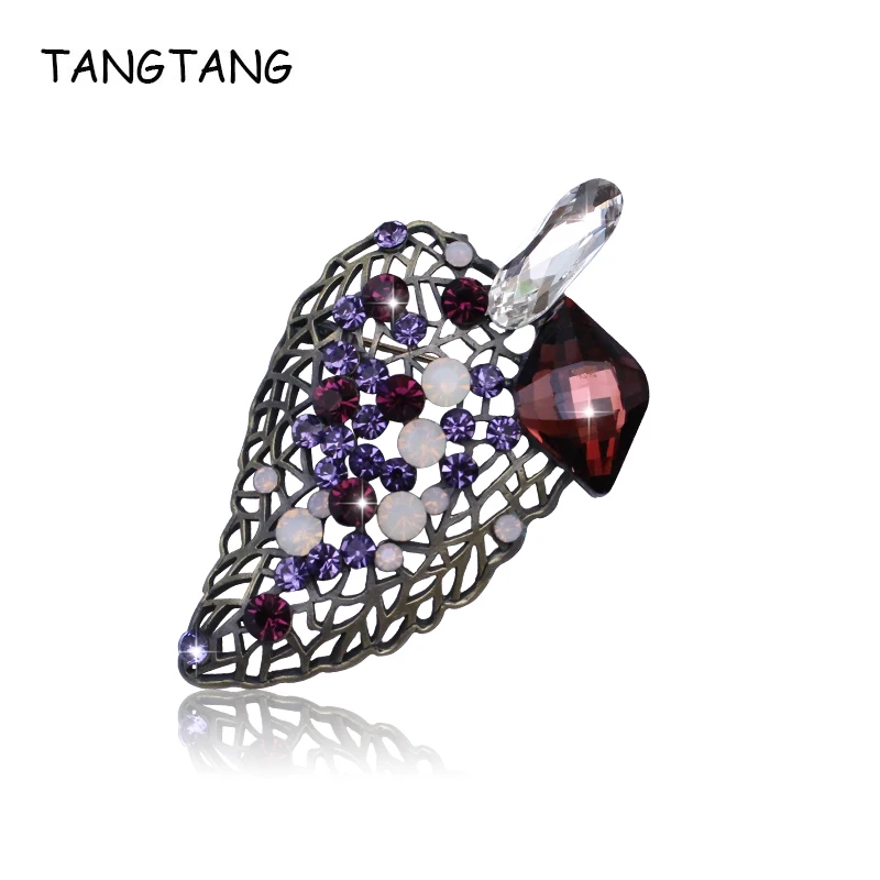 Broche de hoja hueca con diamantes de imitación para mujer, traje creativo, joyería de flores, Pin Retro, hoja de cristal Artificial, broche de alta gama