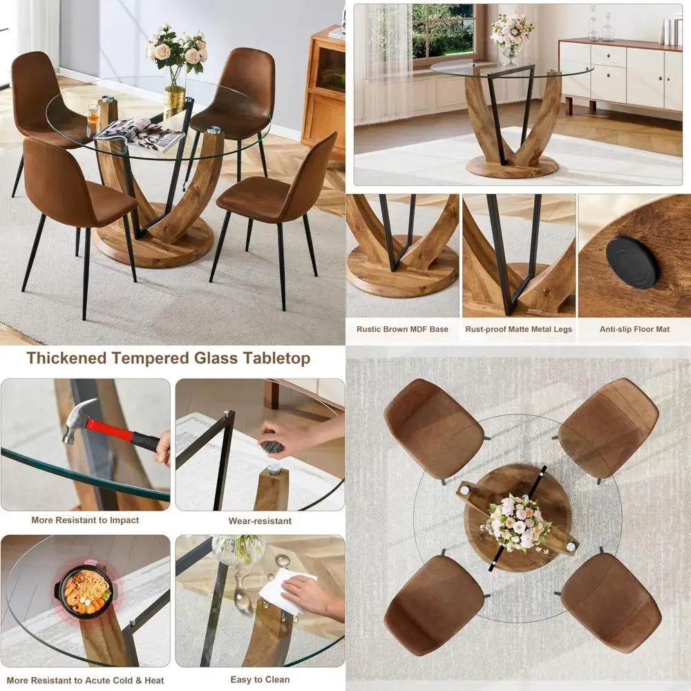 طقم طاولة طعام زجاجية مستديرة مقاس 48 بوصة مع 4 كراسي بنية وقاعدة خشبية للمطبخ