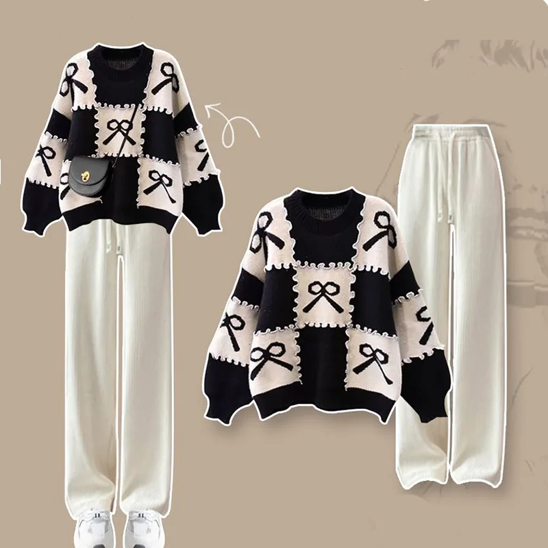 Loose Red Knitted Sweater and Casual Pants Set for Women, 2-Piece Outfits, Korean, Autumn and Winter, 2024