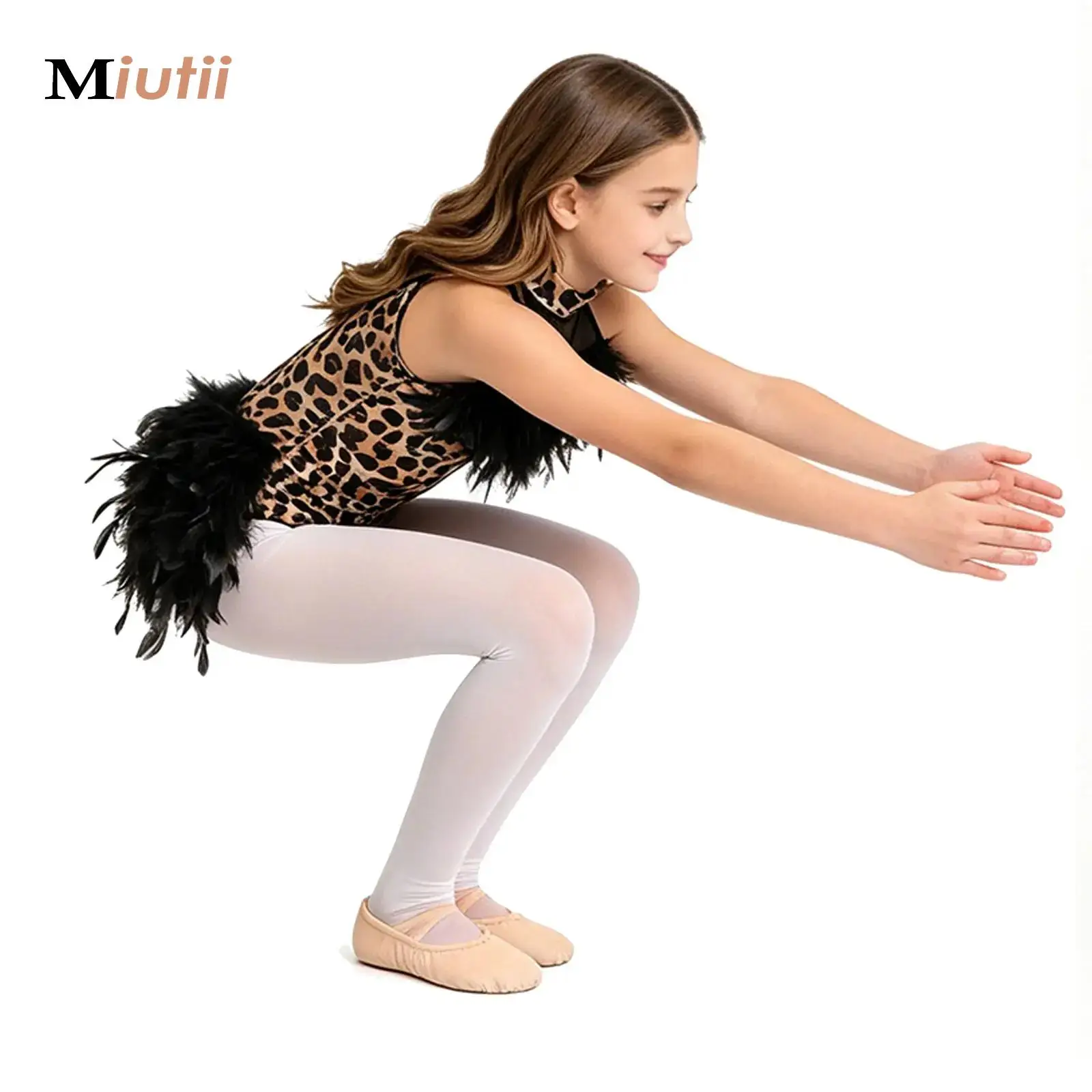 Girls Jazz Dance Performance Bodysuit Rhinestone Sparkly Sleeveless Leopard Printed Feather Contrast Leotard Modern Dance Wear