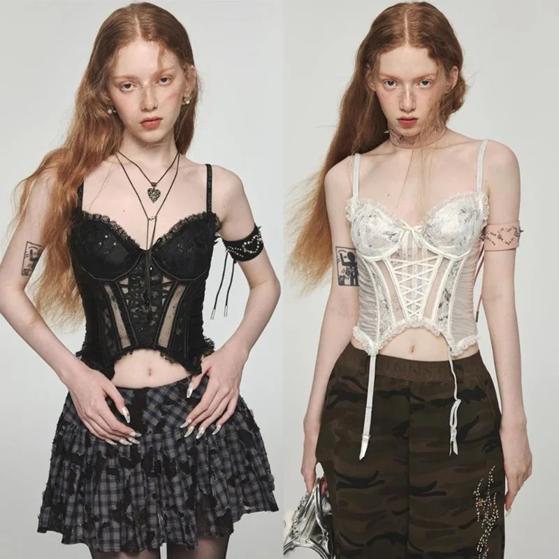 Tight-fitting Waist-cinching Fishbone Bra with Cross-lacing Satin Straps High-end Fashion Individual Sexy Tank Top Strapless Top