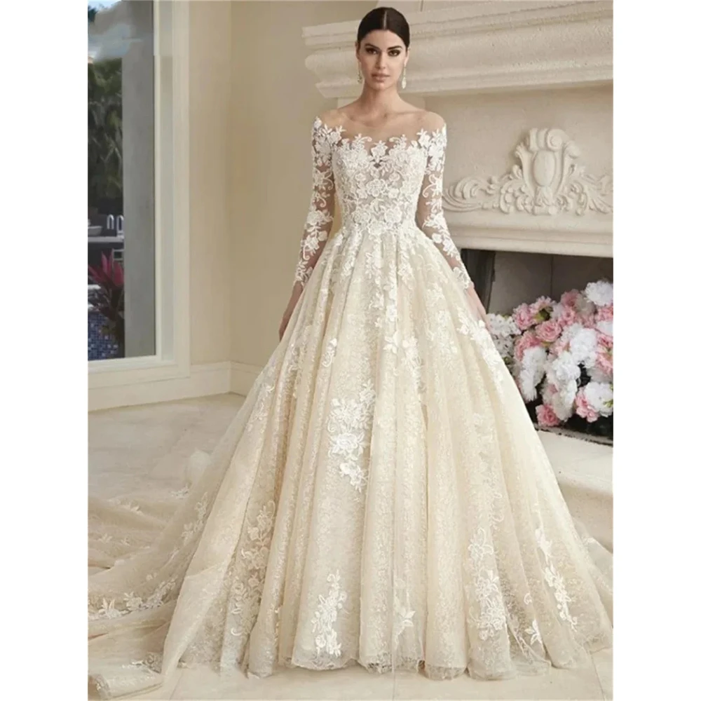 Customized Gorgeous Chiffon A-line Wedding Dresses 2026 Elegant Long Sleeved Lace Decal Floor Skirt Popular Trailing Bridal Gown