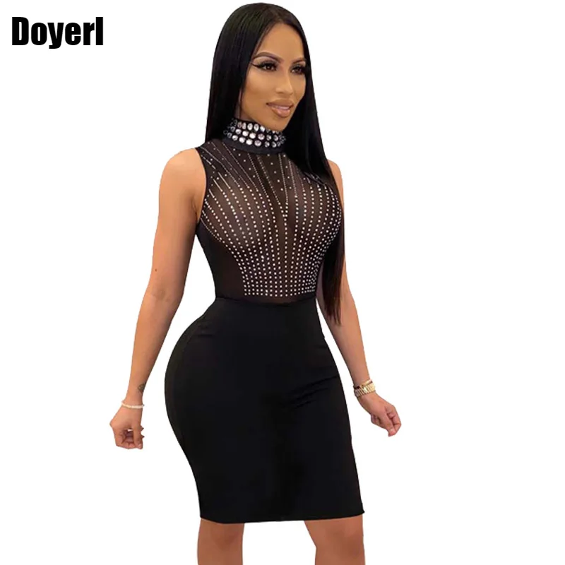 Sheer Mesh Rhinestone Dress Women Elegant Midi Bodycon Party Dress Autumn Summer See Through Glitter Sparkle Sexy Club Dresses