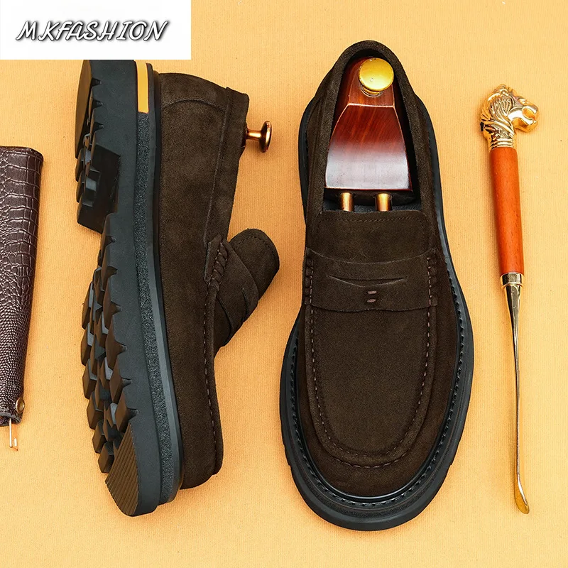 Men's Business Casual Cowhide Suede Leather Shoes Thick Bottom Round Toe Slip On Flats Driving Shoes Footwear