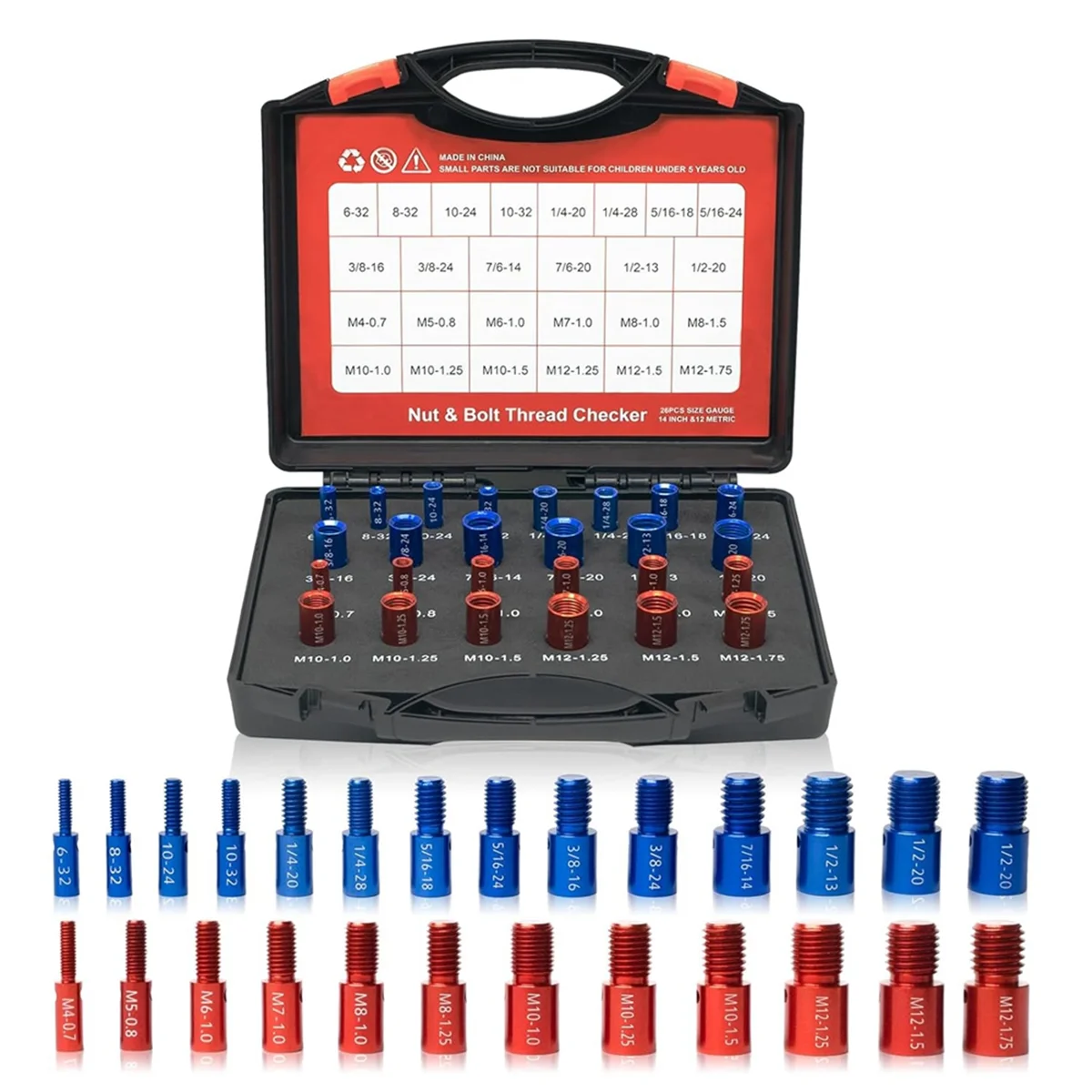 Nut and Bolt Thread Checker (Red & Blue) Nut and Bolt Size Gauge- 14 Inch & 12 Metric Assembled Thread Gauge