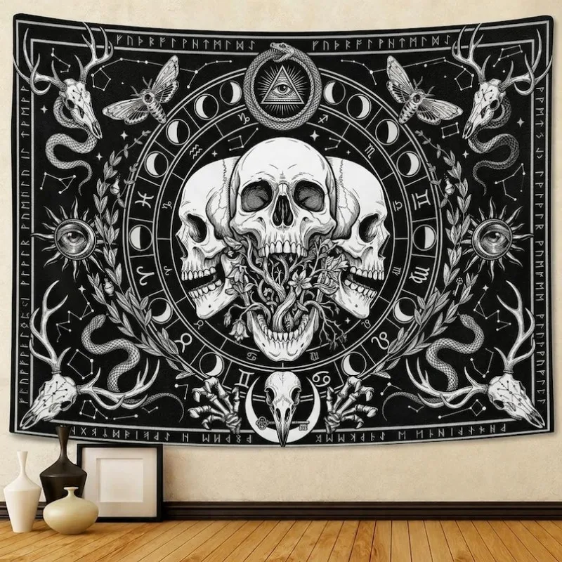 VIKAMA Occult Triple Skull Tapestry Wall Hanging Black White Zodiac Moon Phase Snake Moth Gothic Aesthetic Wall Art Dorm Decor