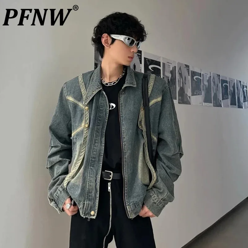 

PFNW American Style Male Denim Jacket New High Street Splicing Handsome Turn-down Collar Loose Coats Autumn 2024 Tide 28W4006