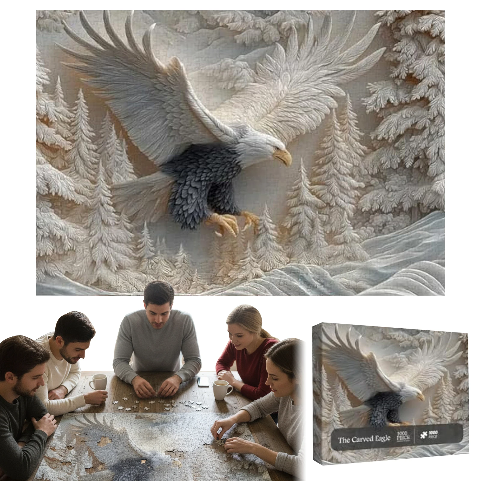 

The Carved Eagle Family Puzzle 1000 Piece Bald Eagle in Flight Wildlife Art Puzzle Carved Forest Design Puzzles Game for Adults