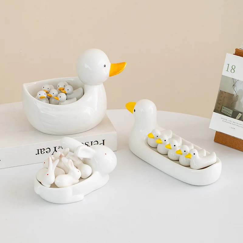 Cute Little Duck Chopstick Holder Tray White Rabbit Dining Table Storage Container Porcelain Plate