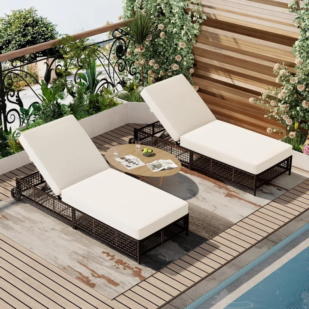 Outdoor Lounge Chair of 2, Patio Chaise Lounge with 5-Position Adjustable Backrest, Rattan Outdoor Lounge Sofa Chair with Cushio