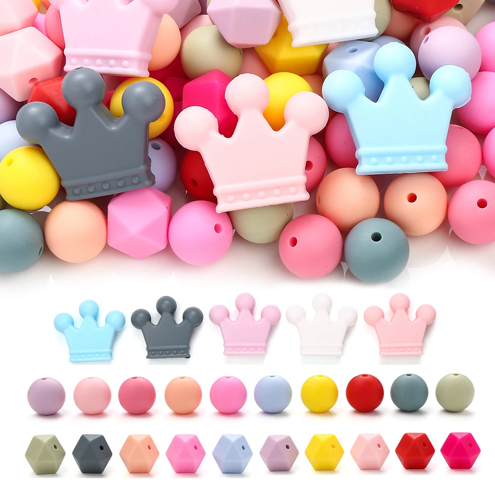 65Pcs Crown Silicone Bead Set Macaroon Colorway Food Grade Focus Beads Baby Chewing Toy Necklace DIY Care Jewelry Accessories