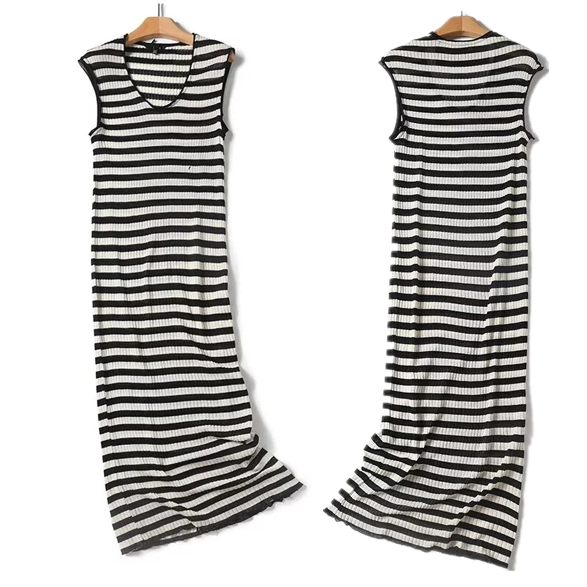 

Jenny&Dave With Lining Vestidos Summer Sleeveless Slim Fit Sheath Dress French Minimalist Vintage Dress Women Striped Knit Dress