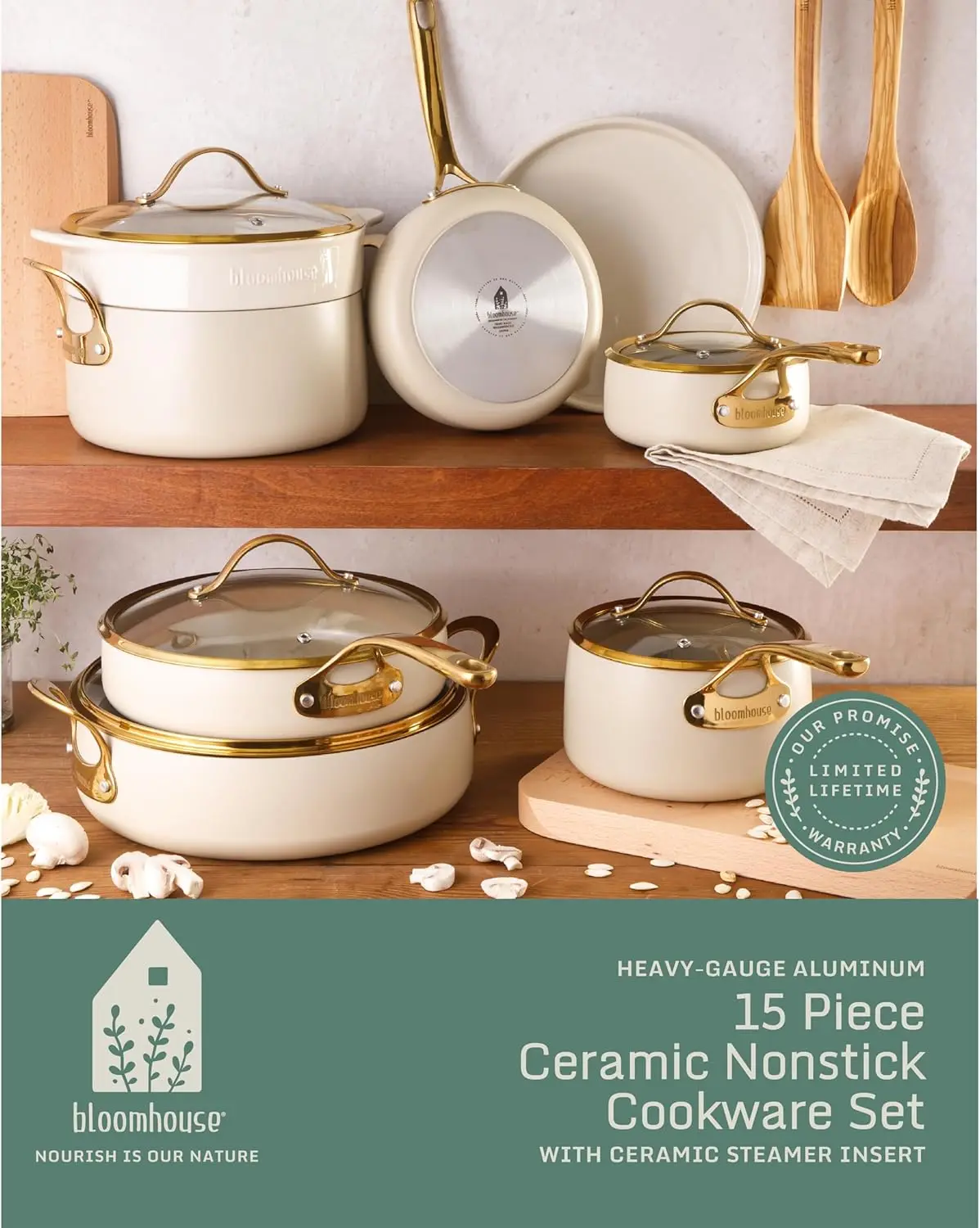 15 قطعة من الأواني والمقالي المصنوعة من الألومنيوم عالي التحمل وخالي من مادة PFA من السيراميك غير اللاصق مع غطاء - كريمة اللوز مع مقبض ذهبي