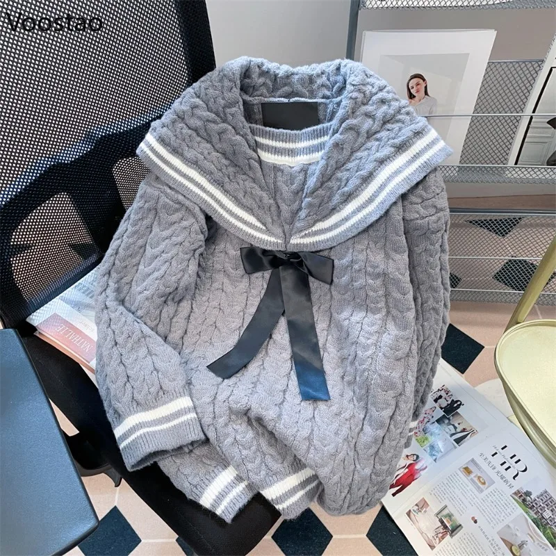 Autumn Winter Preppy Style Knitted Pullover Coat Women Sweet Sailor Collar Bow JK Sweaters Vintage Y2k Warm Jumper Knitwear Tops