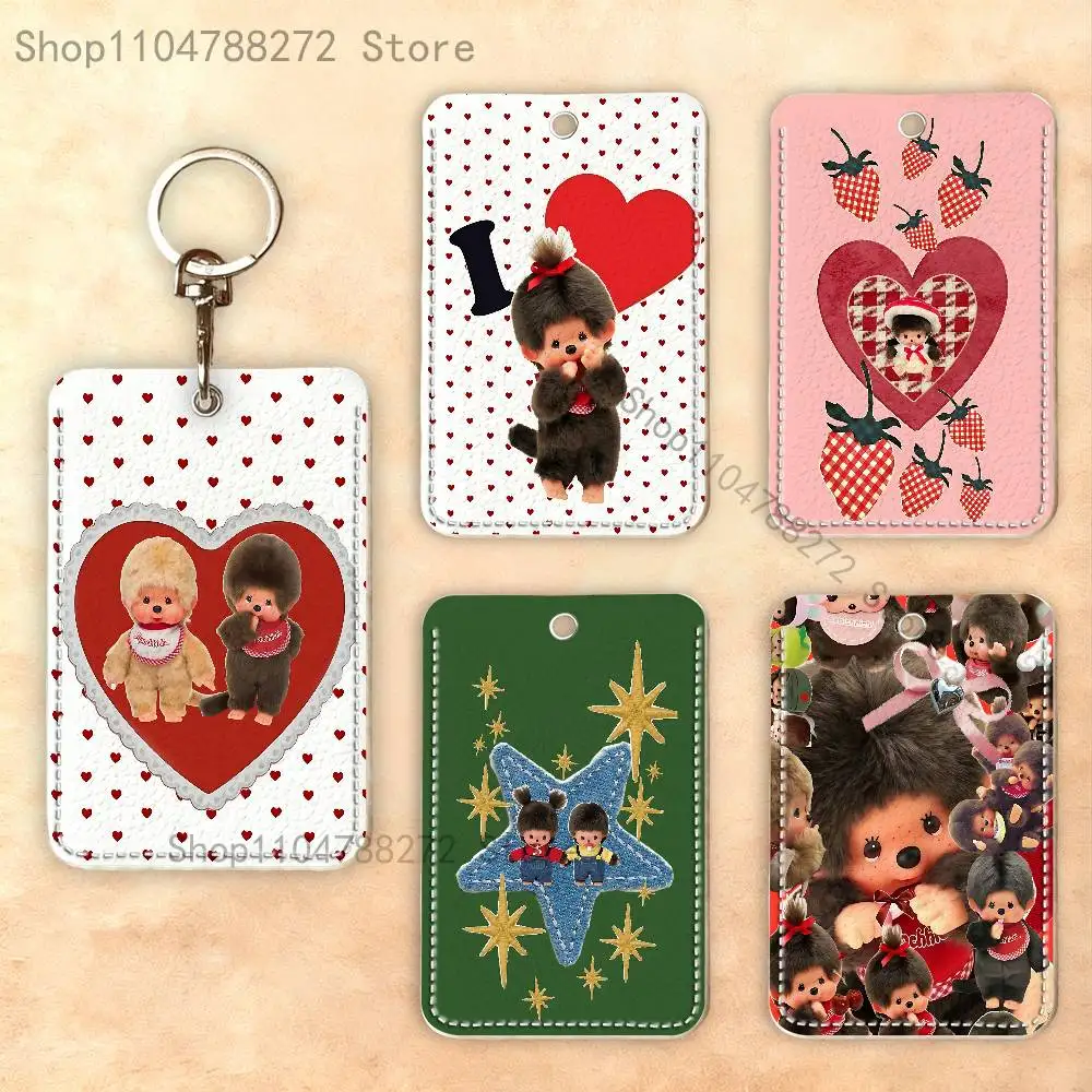 M-MonchhichiS Rectangle Card Case Keychain Access Card Bag Key Tag Ring Leather Card Holder Key Ring Access