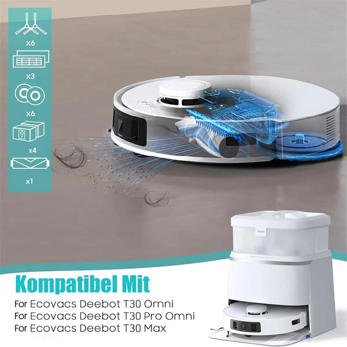 BFYLE Für Ecovacs Deebot T30 Pro Omni / T30 Omni / T30 Omni / T30 Max Vakuum Hauptseitenbürste Hepa-Filter Mopp Tuch Staubbeutel