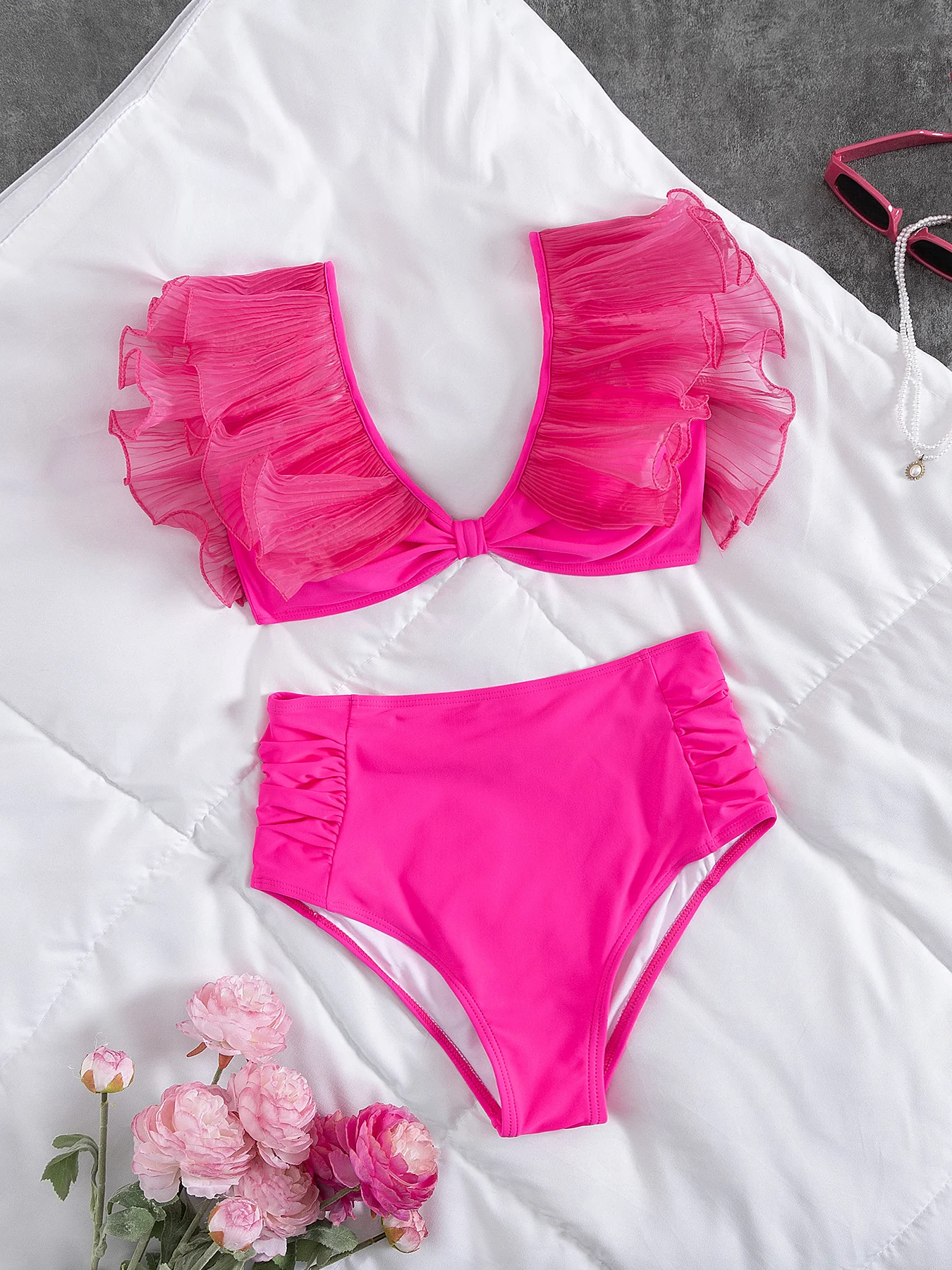 

Fashion Shoulder Ruffle Women High Waist Biquini Swimwear Lady Sexy Lace Bikini Swimsuit Bathing Suit Female Vacation Beachwear