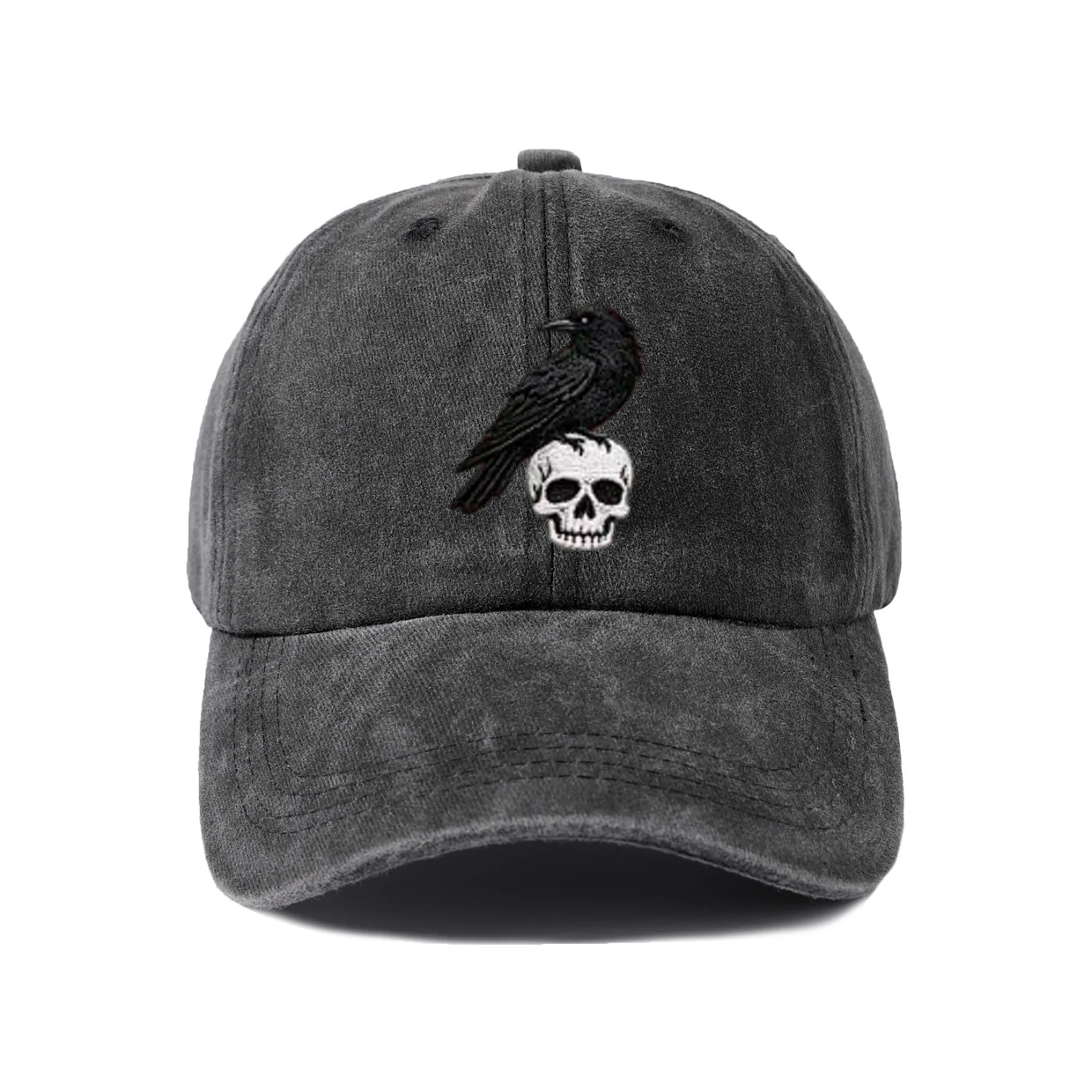 Raven and Skull Graphic Baseball Cap, Vintage Washed Adjustable Unisex Dad Hat, Casual Gift
