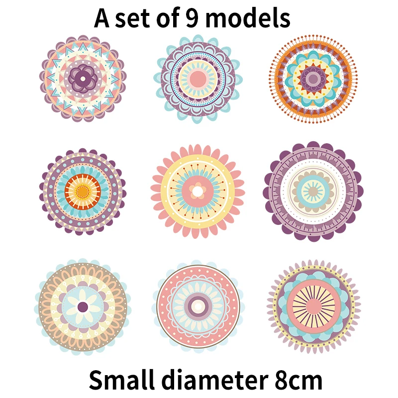 A Set Of 9 8cm Small Mandala Indian Yoga Clothing Apron Fabric Printing DIY Decorative Heat Transfer Iron On Stickers