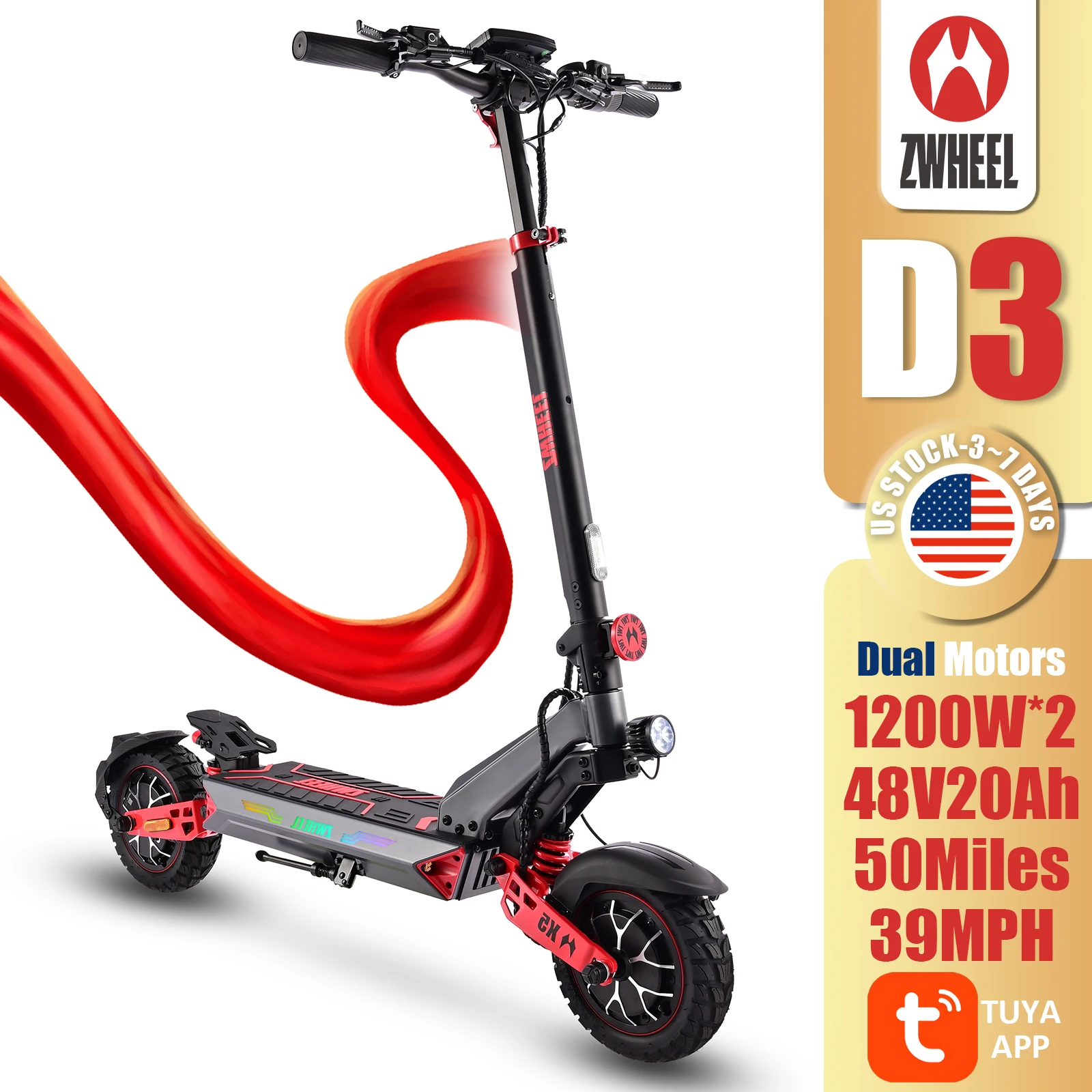 ZWHEEL D3 Dual Motors Electric Scooter 2400W All-wheel Drive Max Speed 39 MPH Max Range 50 Miles 960Wh Battery 1000 Cycles Bluetooth Locking and Unlocking Anti-theft Protection TUYA Smart APP 10''Off-Road Tires Low Noise Performance Scooter US Stock 2026
