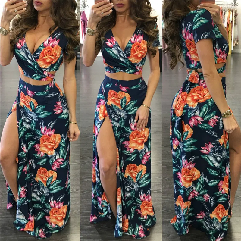 Floral Print Boho Summer Dress Women Two Piece Set 2022 Sexy V Neck Beach Crop Top and Skirt Set High Split Maxi Dress Vestidos