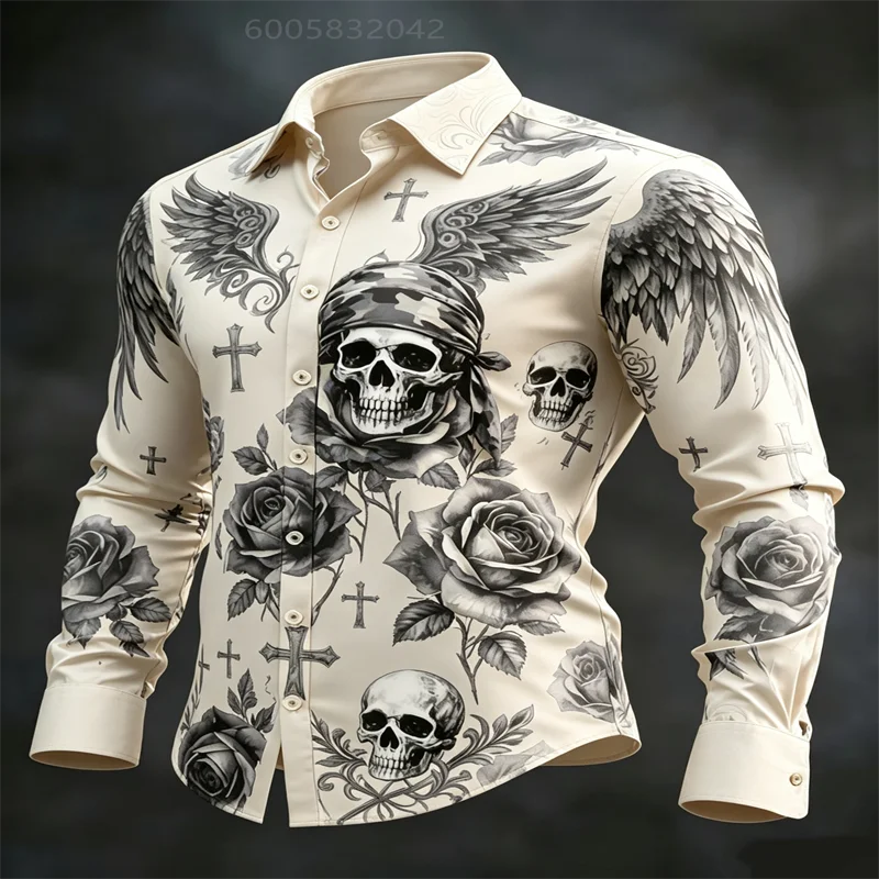 Men Long Sleeve Turn-down Collar Button-Up Shirt Skull Rose Wing Cross Print Gothic Party Casual Outfit For Male