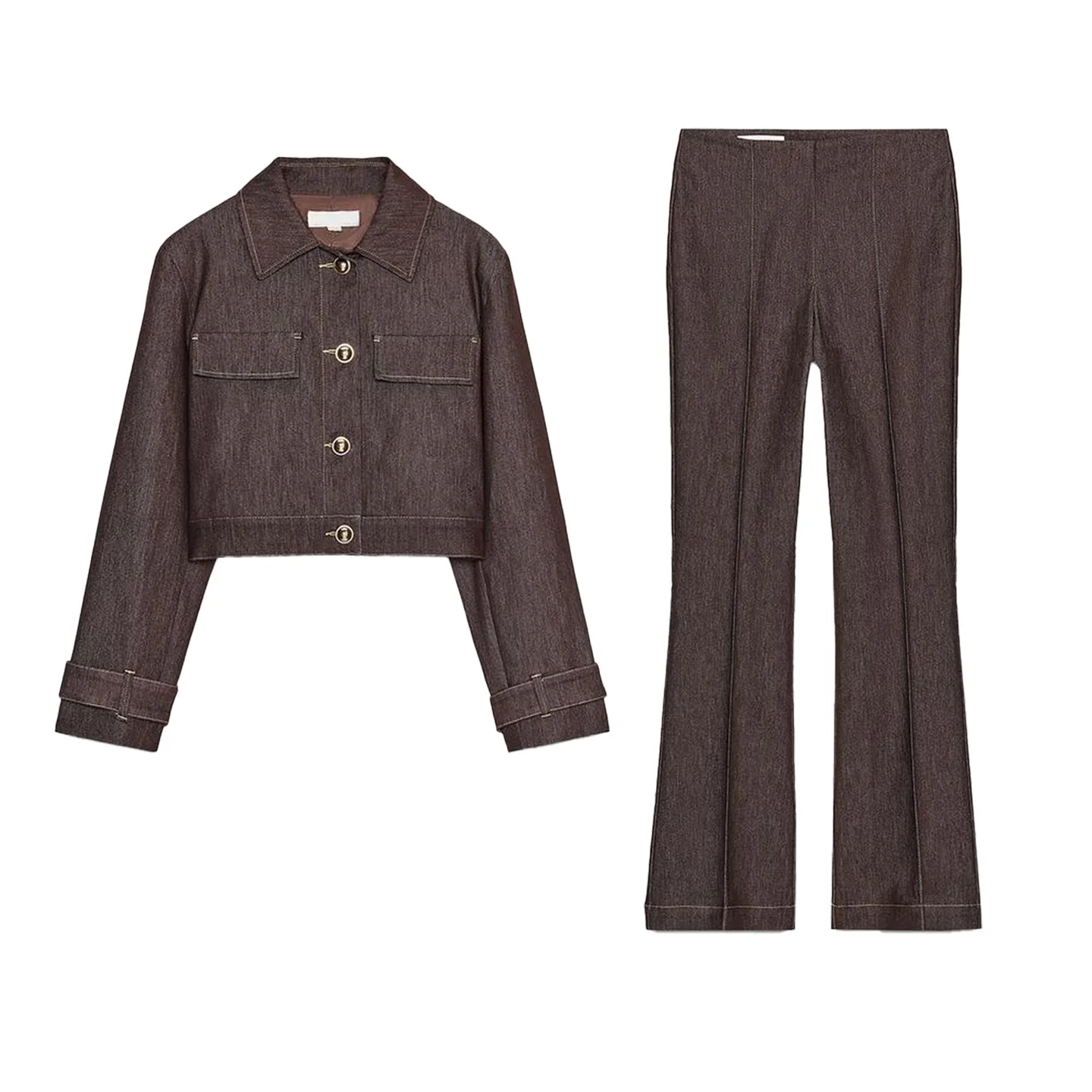 A-lijn uitlopende broek met hoge taille en contrasterende kleur gestikt ort Jaet Faion-set voor dames Casual Sle Long Sve-jas