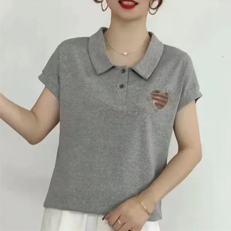 Camiseta feminina solta de strass, camiseta feminina casual de manga curta com gola polo, pulôver sólido, moda verão, nova, 2022