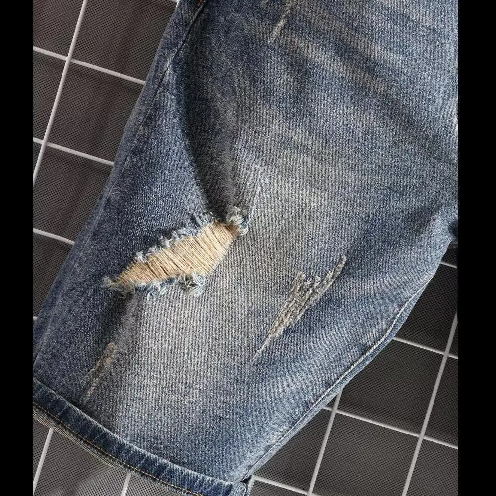Marcas de luxo curto 2025 em linha reta magro-ajuste elástico meia calças verão fino médio calças retro velho rasgado denim shorts roupas masculinas