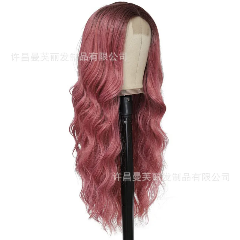 

European and American gradient pink long curly hair for women, small lace wig, synthetic fiber headpiece wigs