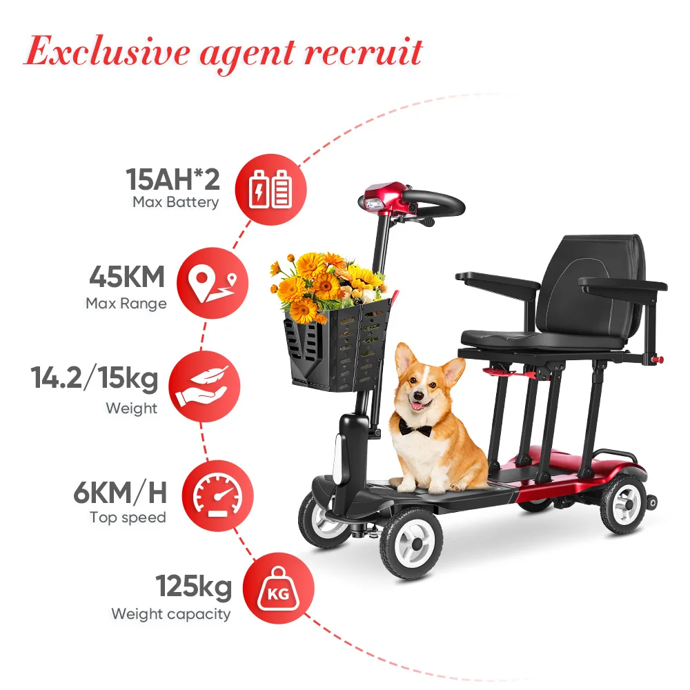 Nouvelle Arrival Scooter De Mobilité Ultra-Léger 14kg 15kg 125kg 200W Brushless Motor Dual Battery Scooter For Elderly Disabled