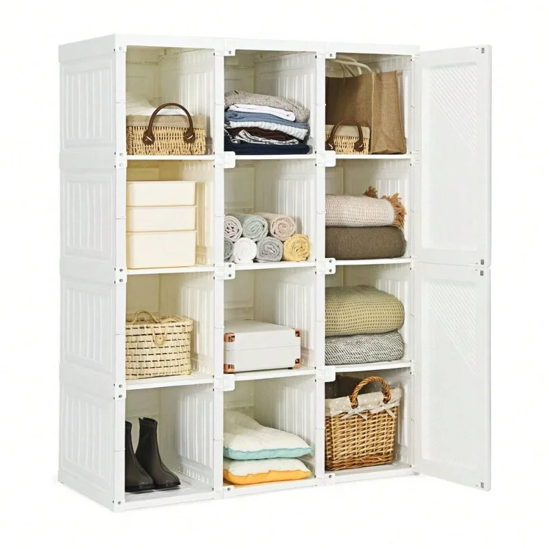 Portable Closet Clothes Foldable Armoire Wardrobe Closet w/ 12 Cubby Storage, Easy Assemble Clothing Storage  with Doors