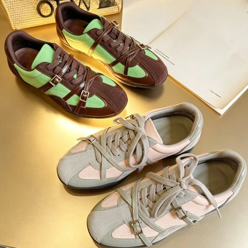Retro Colorblock Flat Shoes Women's Cross Double Buckle Lace-up Summer New Soft Sole Not Tired Feet Skinny Single Shoes